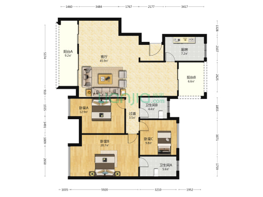 星悦礼玉金湾玉麟阁A区 3室1厅2卫 142平方