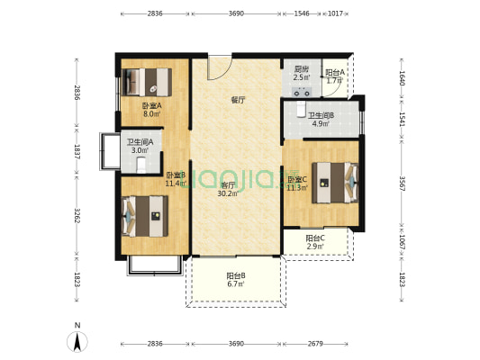 嘉新时代广场 3室1厅2卫 108平方