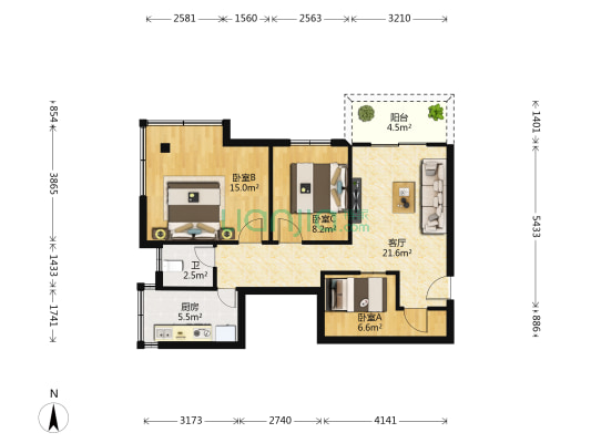 方胜物业公司宿舍 3室1厅1卫 66平方