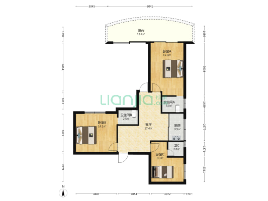 富豪花园 3室1厅3卫 109平方