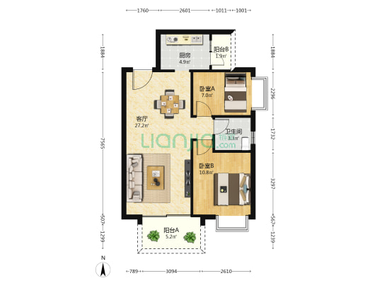 融创九熙府一期 2室1厅1卫 76平方