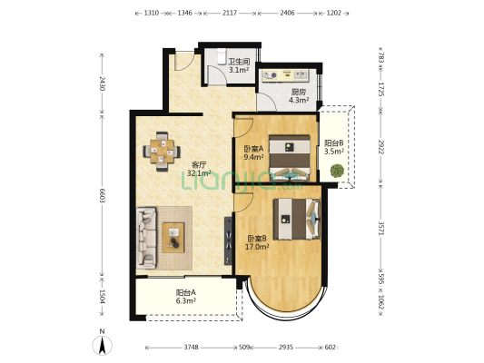 雍华廷 2室1厅1卫 93平方