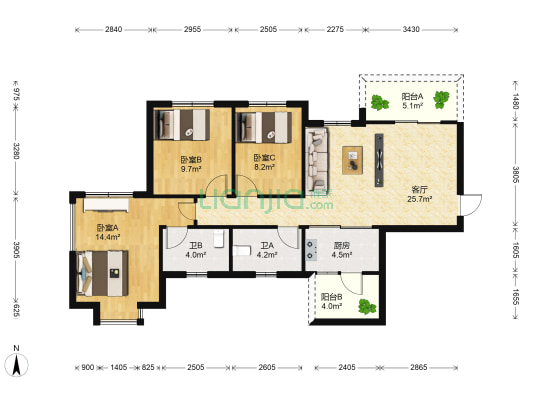 鑫金怡园 3室1厅2卫 81平方