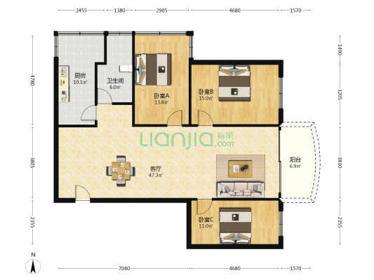 粤富花园 3室1厅1卫 122平方
