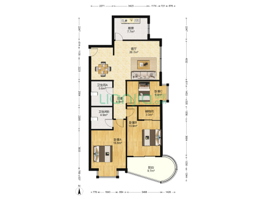 临江花园 3室1厅2卫 126平方