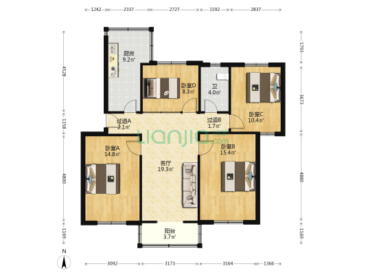 纬一路1号院 4室1厅1卫 101平方