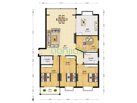 名实花园 4室1厅2卫 216平方