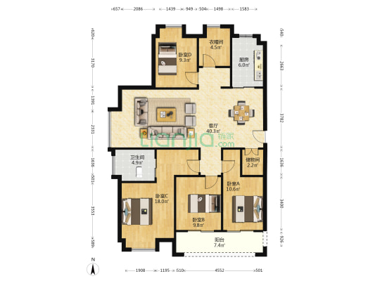 罗西住宅区十三组团 4室1厅1卫 148平方