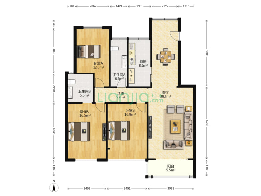 居住主题公园香榭丽居多层公寓  3室1厅2卫 117平方