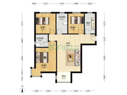 汇源锦城 3室1厅2卫 103平方