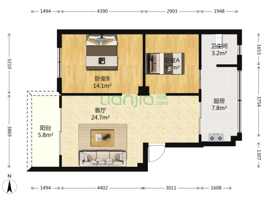 昆铁惠民小区 2室1厅1卫 75平方