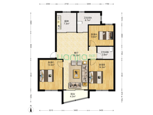 滨河花苑一期 3室1厅2卫 107平方