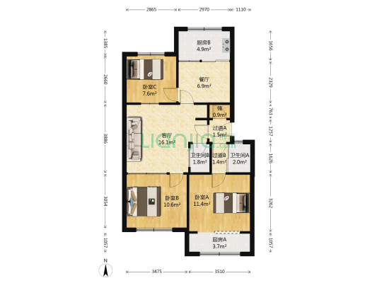 水务小区 3室2厅2卫 88平方