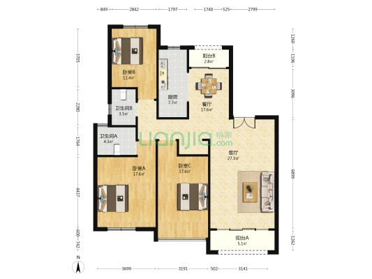 东凯涵美馆 3室2厅2卫 214平方