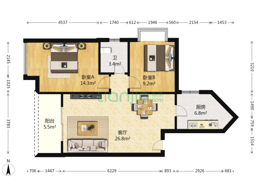 水木阳光 2室1厅1卫 86平方
