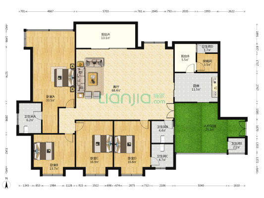 蓝湾豪庭 4室1厅5卫 248平方
