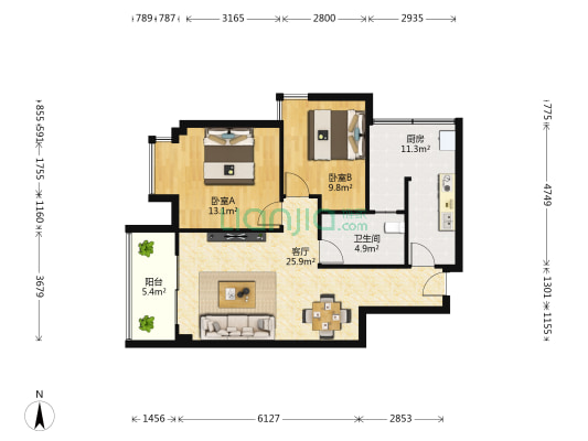 星语双城二期 2室1厅1卫 80平方
