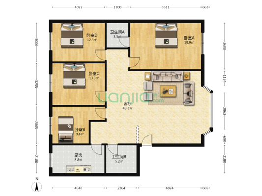 东湖五巷136号 4室1厅2卫 143平方