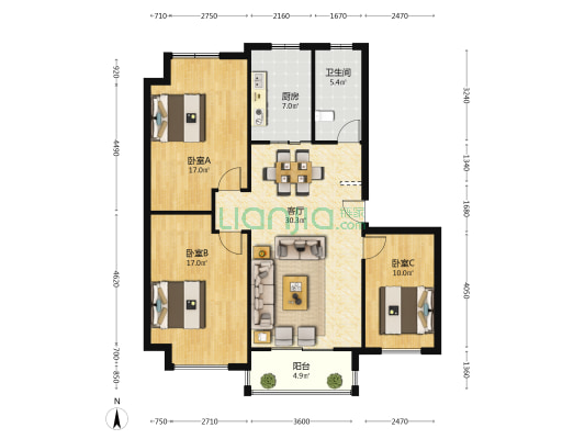 欧洲花园 3室1厅1卫 117平方