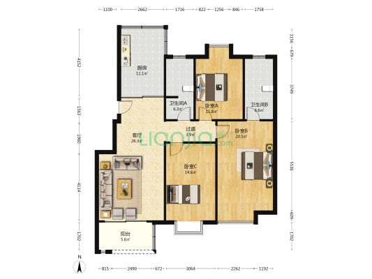 通宇林景尊园 3室1厅2卫 122平方