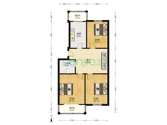 哈锅宿舍(旭升街) 3室1厅1卫 102平方