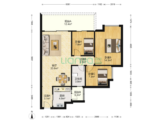 悦江上品苑 3室1厅1卫 96平方