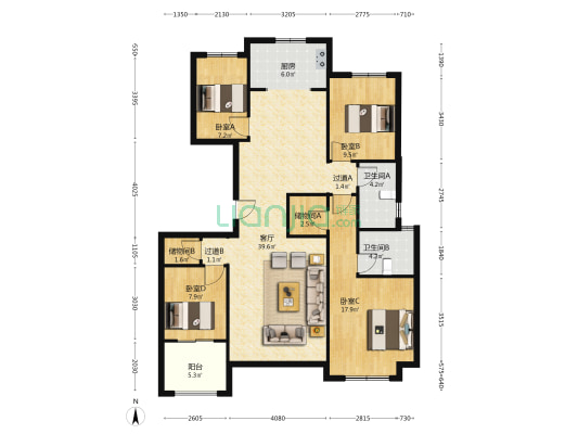 红蔷花园 4室1厅2卫 152平方