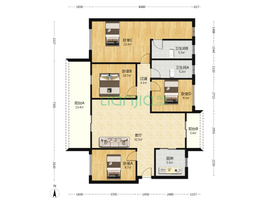 领峰花园 4室1厅2卫 134平方
