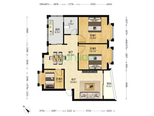 金星花园 3室2厅1卫 95平方
