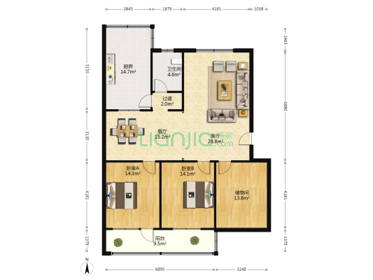 建行五号院 2室2厅1卫 135平方