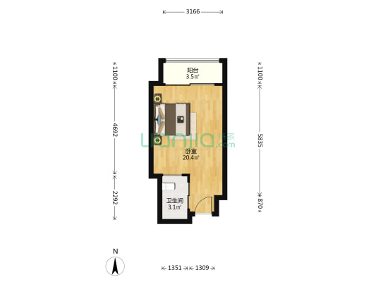 东汇城国际公寓 1室0厅1卫 39平方