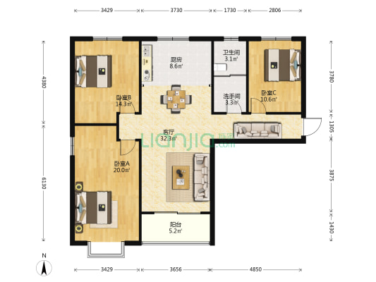 领秀城 3室1厅2卫 130平方
