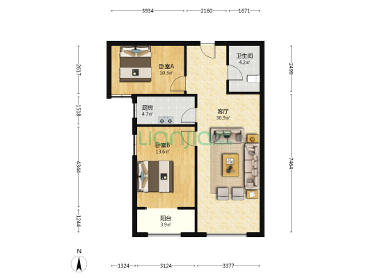 带装修  朝南三居   随时看房-户型图
