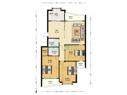 天元花园 3室1厅2卫 125平方
