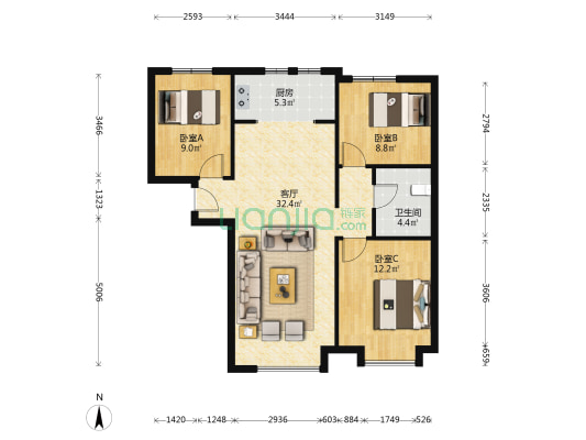 鸿坤北区南北通透三居F户型，全天无遮挡-户型图