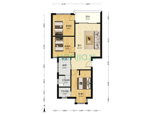 龙鑫阁B区 3室1厅2卫 81平方