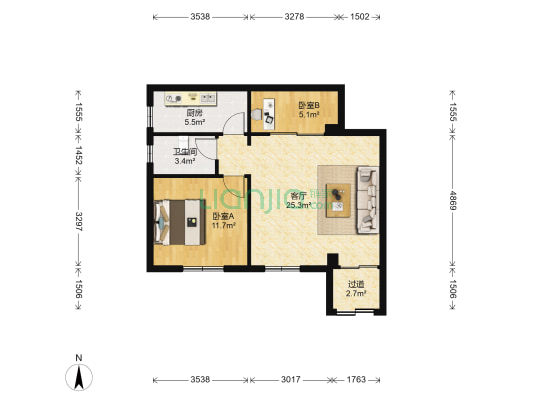 杏北新城一组团 2室1厅1卫 68平方