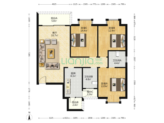 金子湾商业广场 3室1厅2卫 122平方