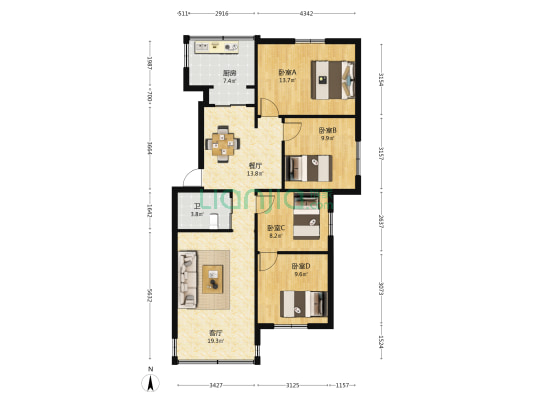 刘家营小区西区 4室2厅1卫 96平方