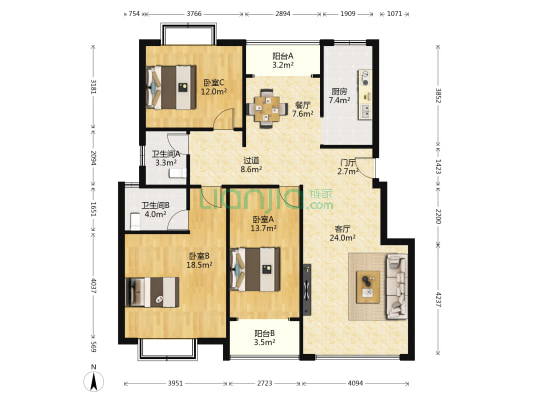 曲兰庭苑 3室2厅2卫 129平方