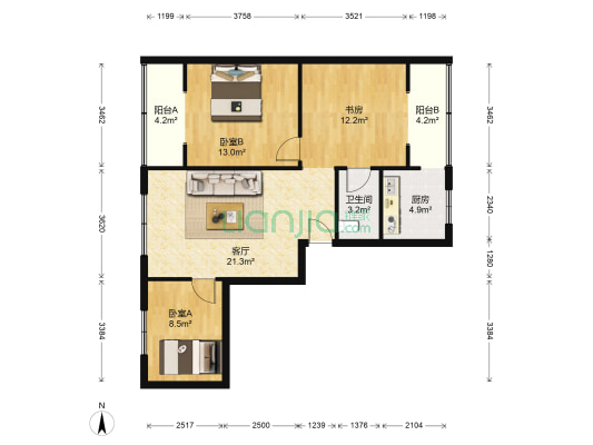 二环路北三段74号 3室1厅1卫 84平方