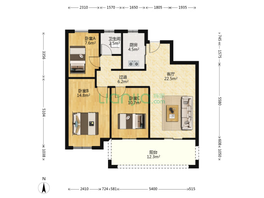 达观天下学府里 3室1厅1卫 97平方