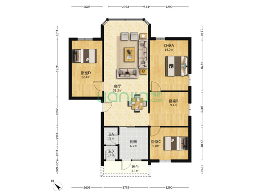 科肚一号小区 4室1厅2卫 115平方