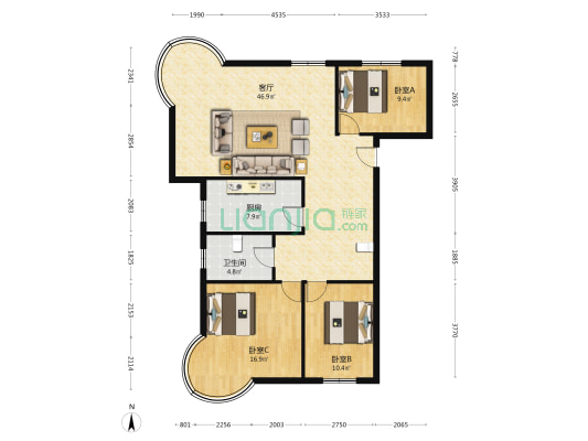 房本满五唯一 精装修， 好楼层， 全天采光无遮挡。-户型图