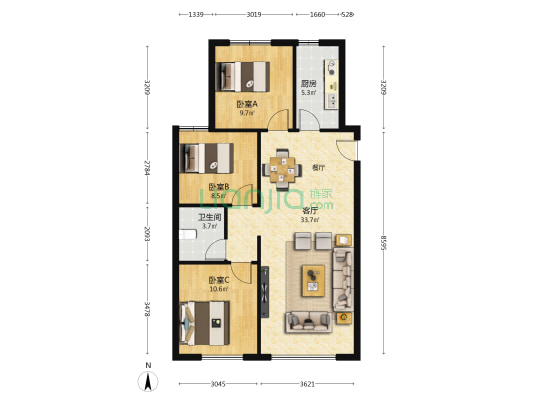 中海铂悦公馆 3室1厅1卫 101平方