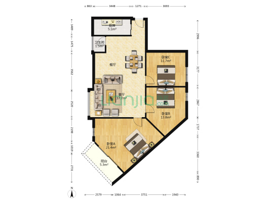 怡新花园 3室1厅1卫 128平方