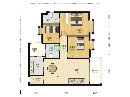 叠翠家园 3室1厅2卫 104平方