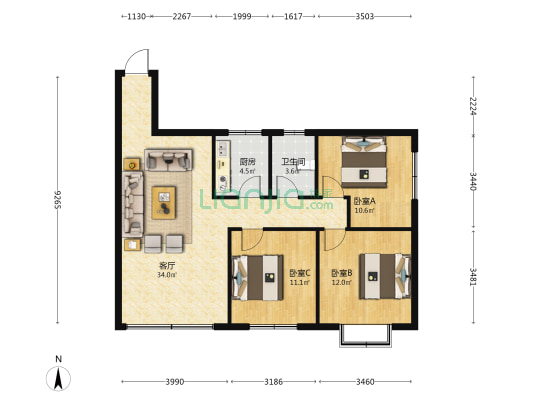 光宇林庄锦园 3室1厅1卫 92平方