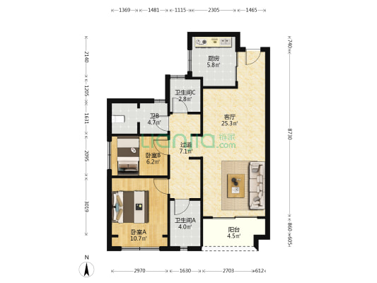 常熟宝龙广场 2室1厅3卫 96平方