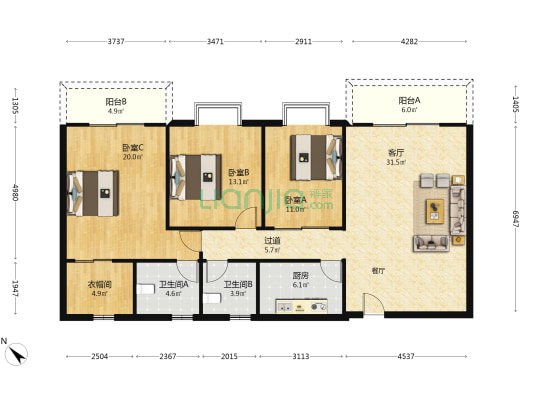 东安花园 3室1厅2卫 145平方